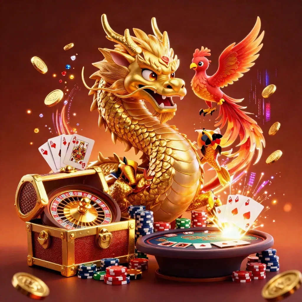 Golden dragon, phoenix, koi, coins, roulette, chips, cards and ember-lit casino treasure burst