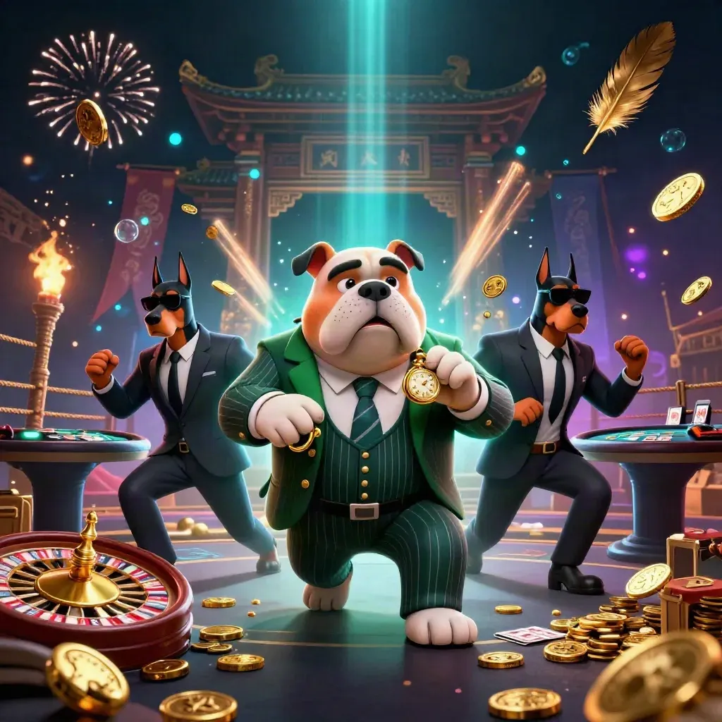 Cartoon bulldog boss and two Dobermans amid coins, fireworks, roulette wheel, temple gate, and casino lights.