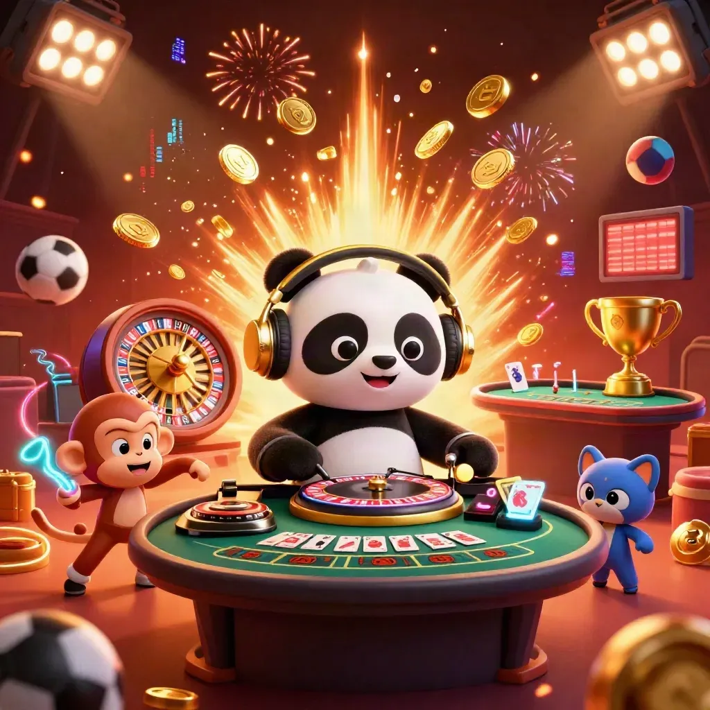 DJ panda, monkey and glow-stick kitten amid coins, vault burst and casino lights.