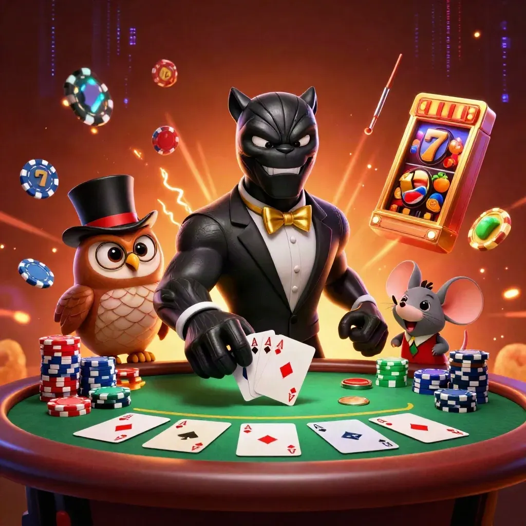 Panther, owl, and mouse in casino attire surrounded by cards, chips, reels, and glowing effects.