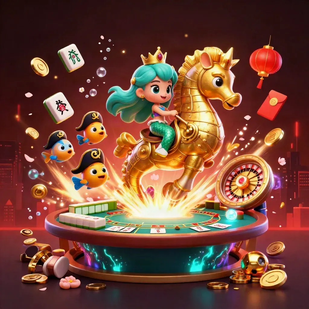 Mermaid princess on a golden seahorse amid casino treasures, coins, fireworks and neon glow.