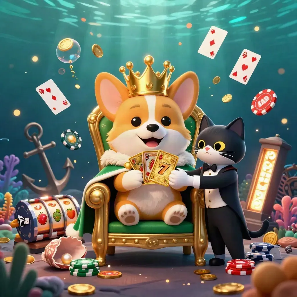 Royal corgi on chip throne with cat butler, underwater casino treasure scene, gold glow and reels.