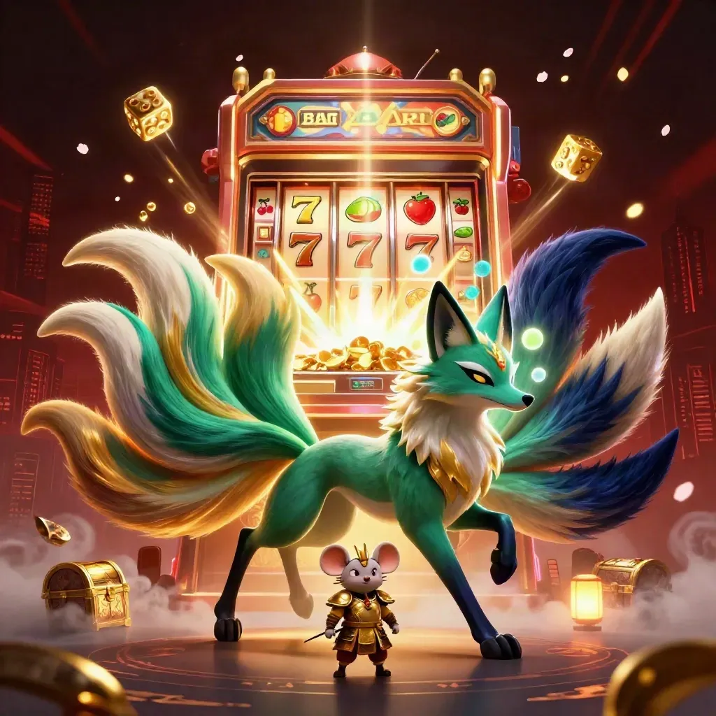 Nine-tailed fox spirit and samurai mouse amid jackpot slots, gold dice, petals, and neon glow