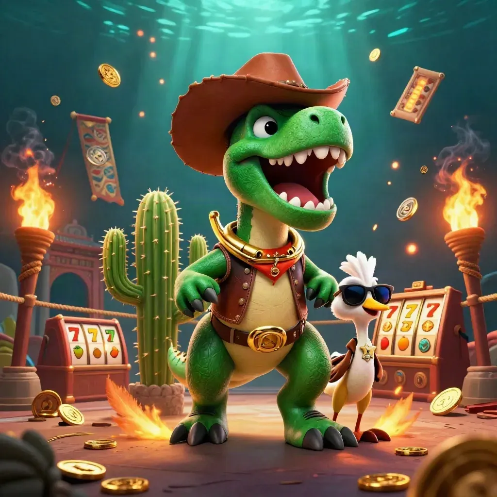 Cowboy T-Rex, cactus sidekick, and roadrunner amid casino relics in a neon underwater glow.