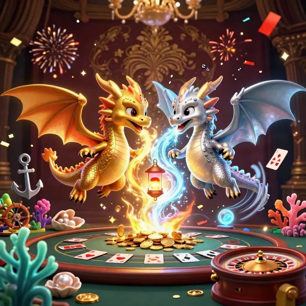 Twin gold and silver dragons in a luxe casino fantasy with coins, cards, and glowing sparks.