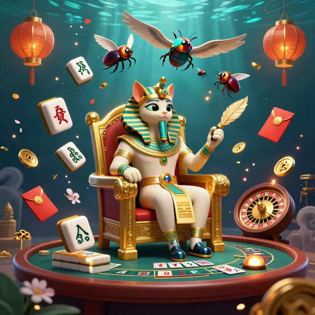Pharaoh cat on a throne with ibis scribe, gem-wing scarabs, casino symbols and glowing underwater light.