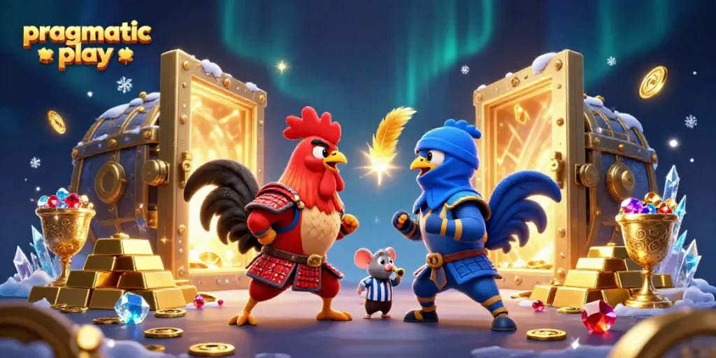 Engage in thrilling action with pragmatic play's fighting roosters in a dynamic casino showdown.