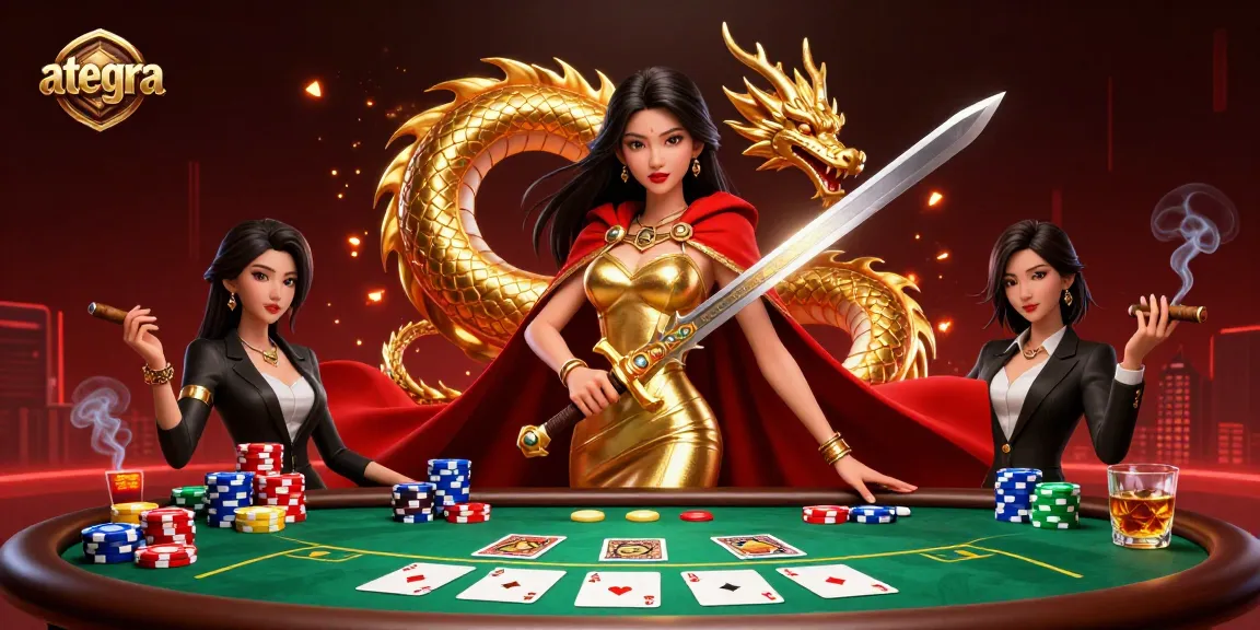 Ategra reveals the thrill of high-stakes poker with a queen warrior and dragon amidst vibrant gambling elements.