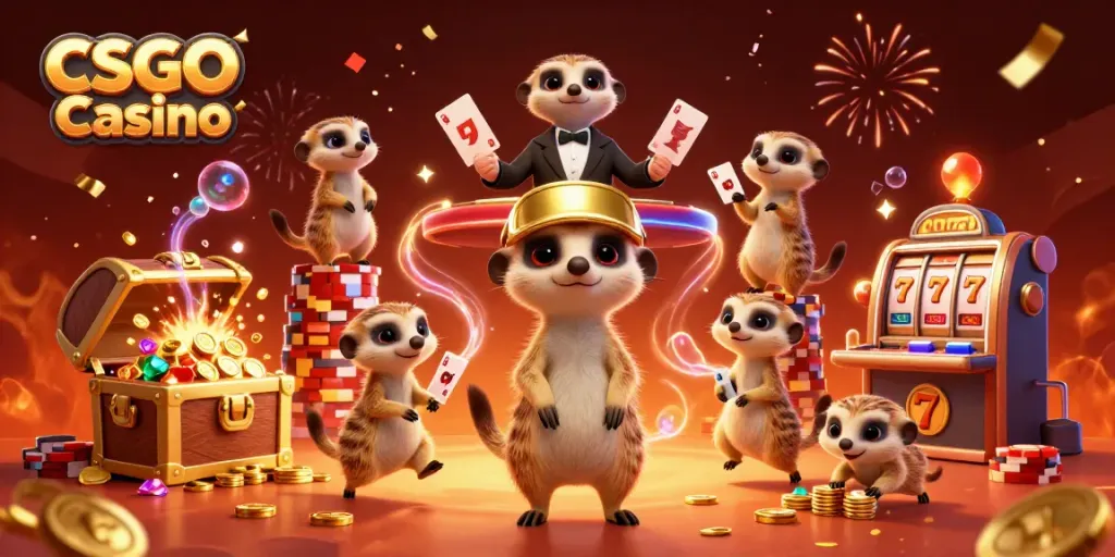 Meerkats operating a vibrant CSGO Casino filled with dynamic games and elements.