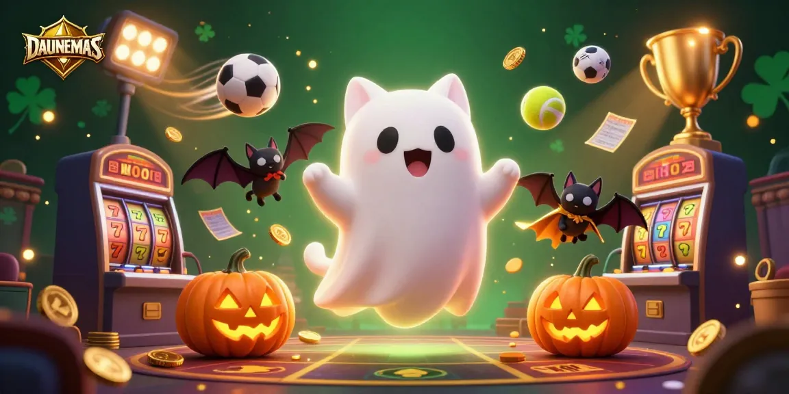 Play slots with DAUNEMAS: Engaging 3D illustration of a ghost cat in a bustling haunted casino.