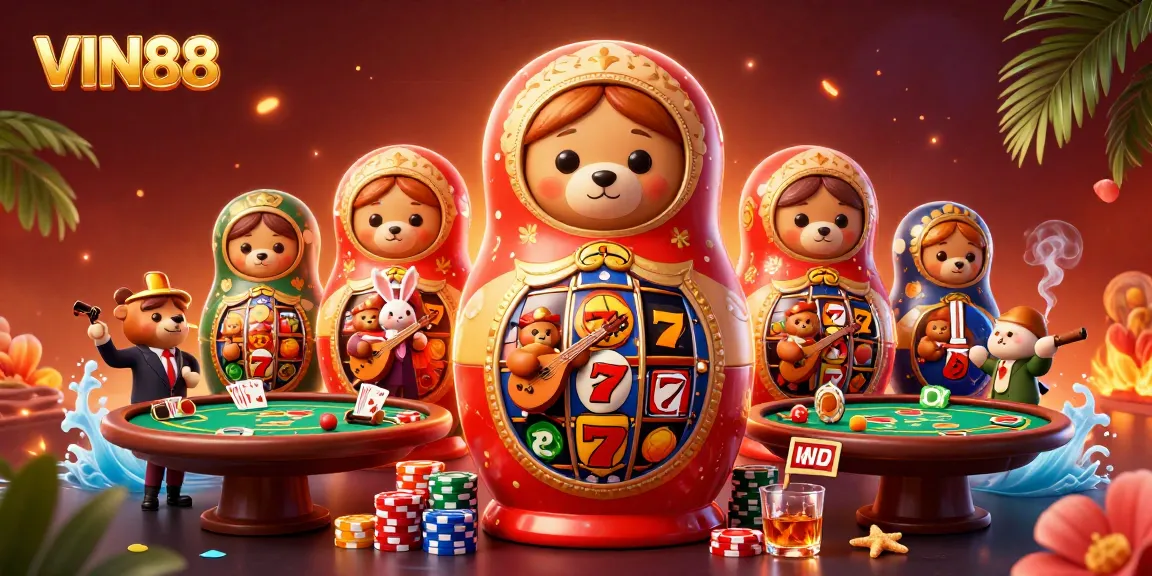 Experience the excitement of VIN88 with vibrant slot reels and engaging casino characters in this dynamic 3D illustration.