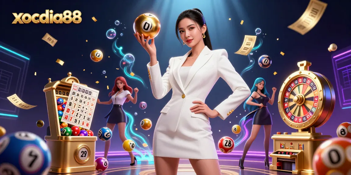 Xocdia88 showcases thrilling gambling action with vibrant casino elements and a glamorous host.