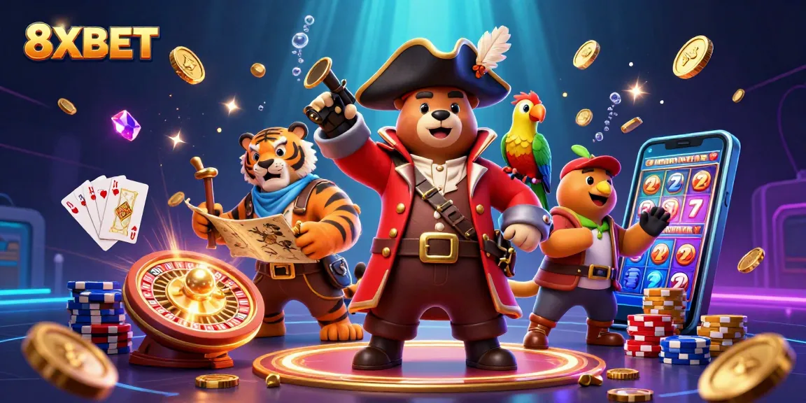 Experience the excitement of 8XBET with a thrilling pirate-themed gambling illustration showcasing dynamic casino elements.