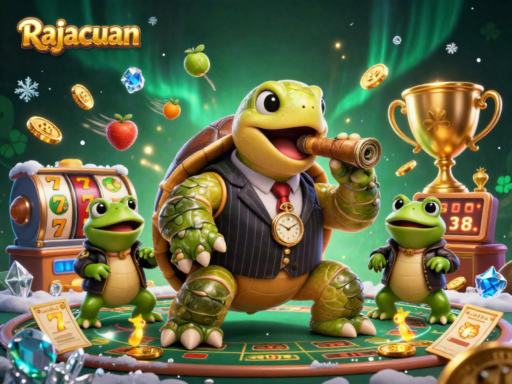 Rajacuan slot strategy illustrated with a cartoon turtle in a casino setting, showcasing lively game elements.