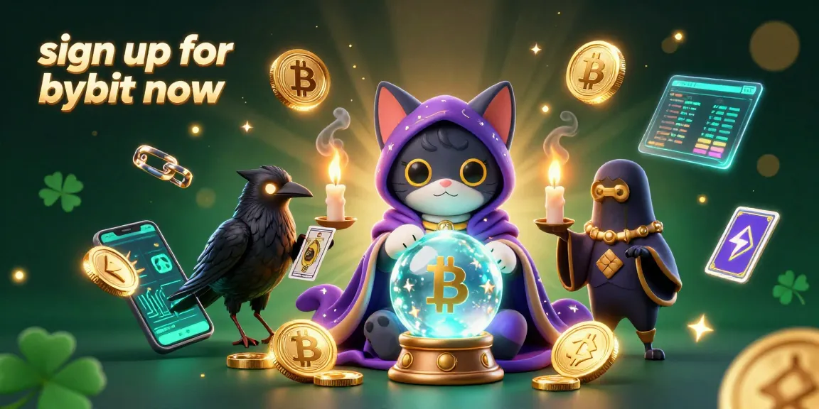 Sign up for Bybit right now and join thrilling crypto trading with mystical characters in a vibrant 3D illustration.