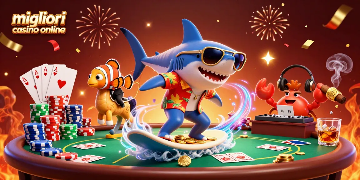 Scopri il mondo emozionante dei migliori casino online con uno squalo che surfando su monete d'oro e elementi di poker.