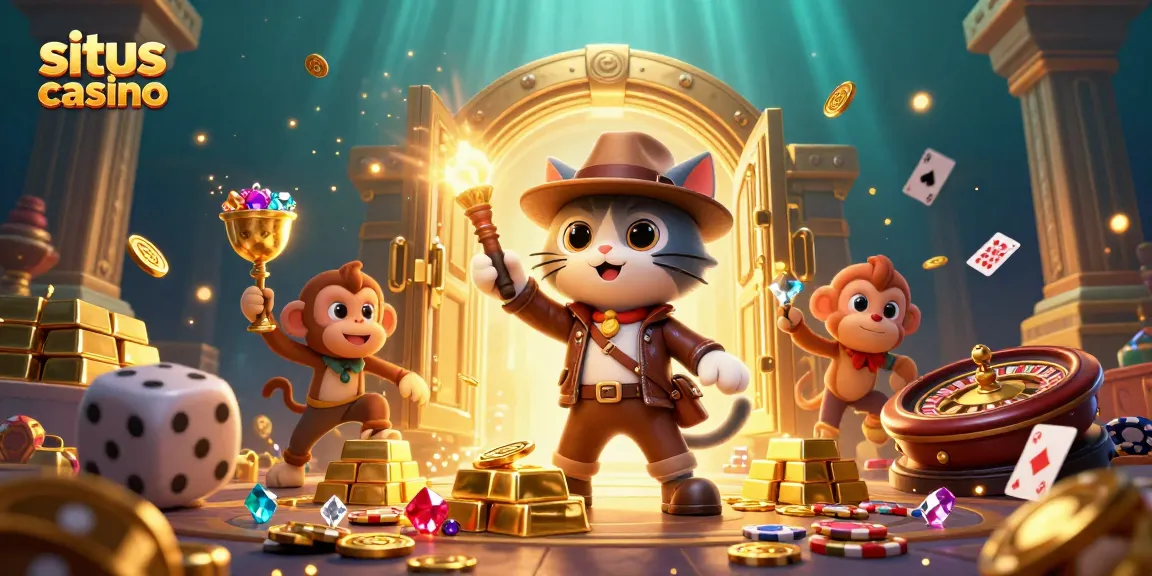Experience excitement at situs casino with a cartoon archaeologist cat and monkey discovering treasures and gaming elements.