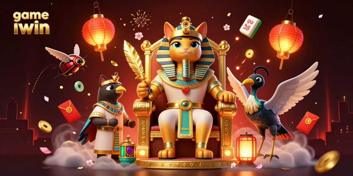 Play game iwin with a vibrant scene featuring an Egyptian pharaoh cat, engaging elements, and rich details.