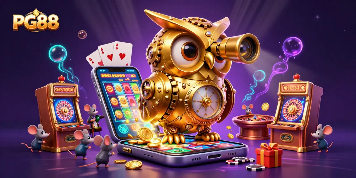 Engage in thrilling games at PG88 with a lively scene featuring a golden owl and casino delights.