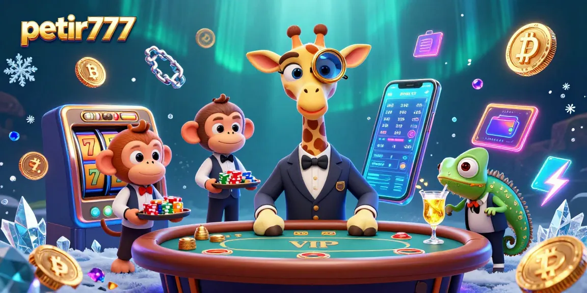 Win big with petir777: a giraffe in a suit at a lively casino scene filled with vibrant slot elements.