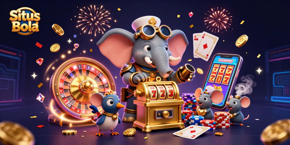 Situs Bola's steampunk elephant operating a golden slot machine amidst coins and winning elements