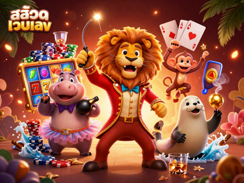 Engage with the exciting world of สล็อตเว็บตรง as a vibrant 3D circus scene bursts with colored chips and interactive slot elements.