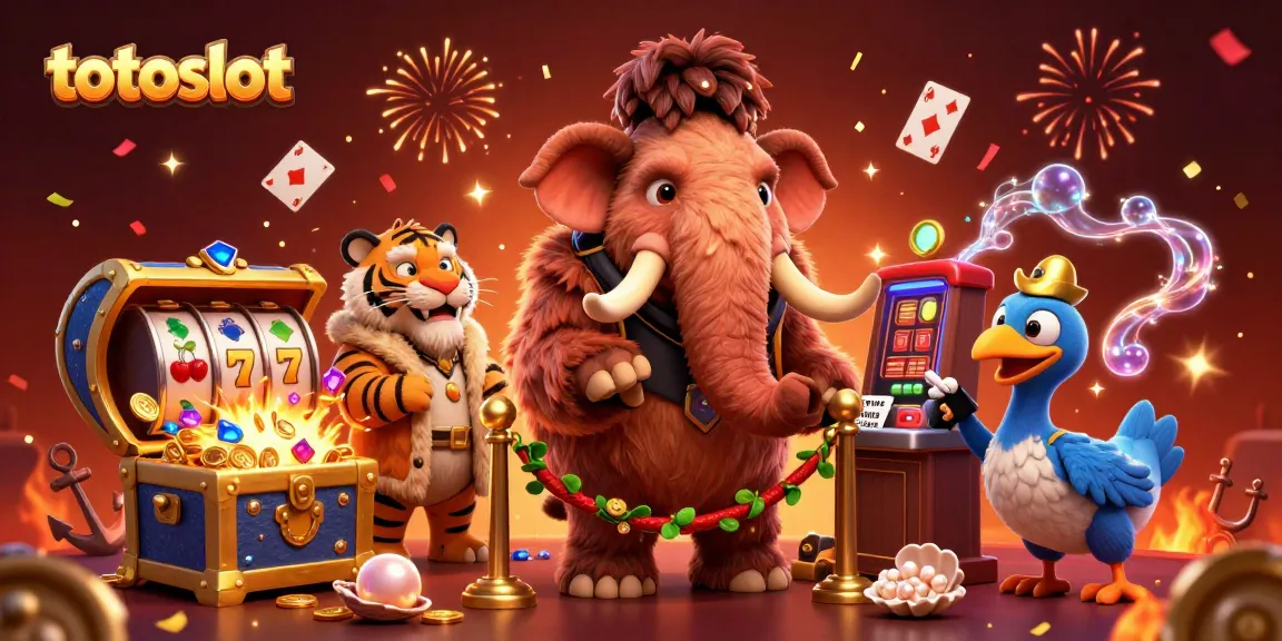 Totoslot scene featuring a cartoon mammoth checking IDs at a casino door, rich in gaming elements.