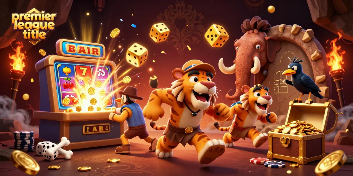 Merayakan judul liga premier dengan slot machine 3D dan karakter kartun di kasino prasejarah yang megah.