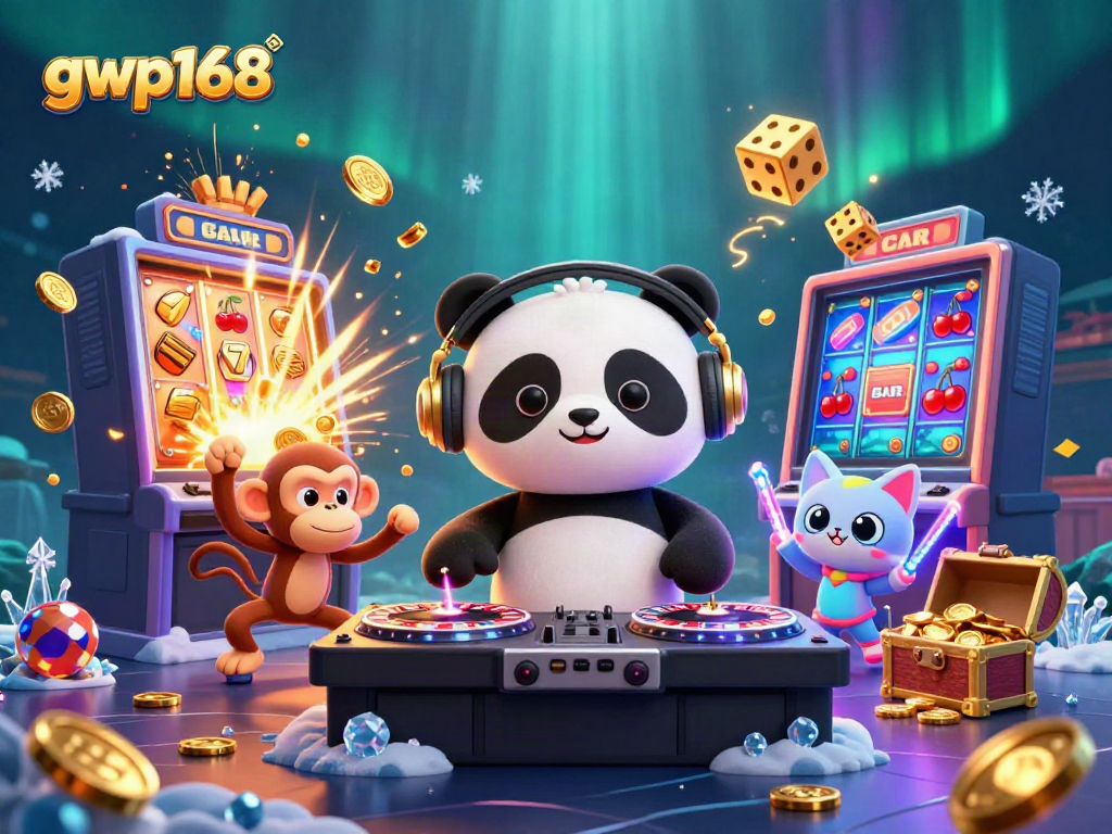 GWP168 merayakan keberuntungan dengan DJ panda, banyak simbol slot, dan kucing berperan di kasino.