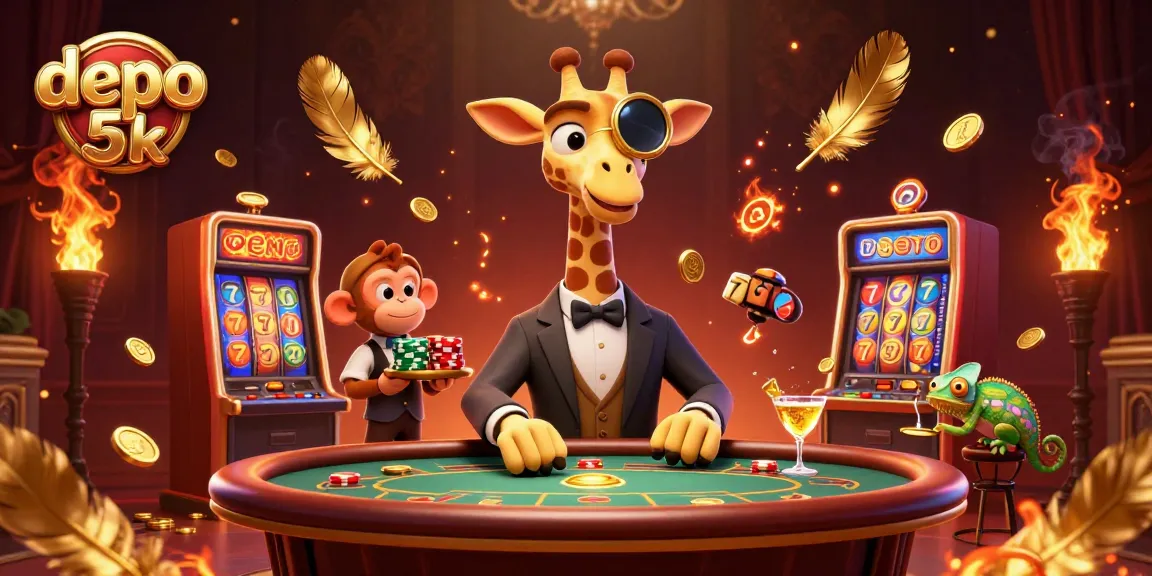 Entertaining scene of a giraffe at a poker table amidst vibrant casino elements, showcasing depo 5k excitement.