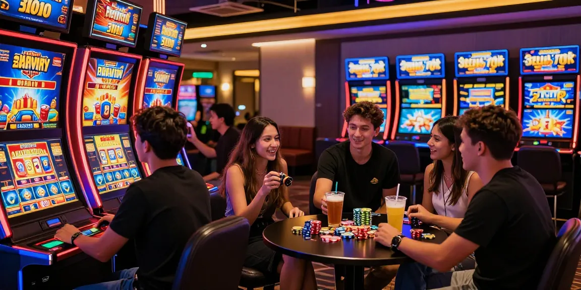 Excited friends enjoying bandar slot games in a vibrant digital casino setting.