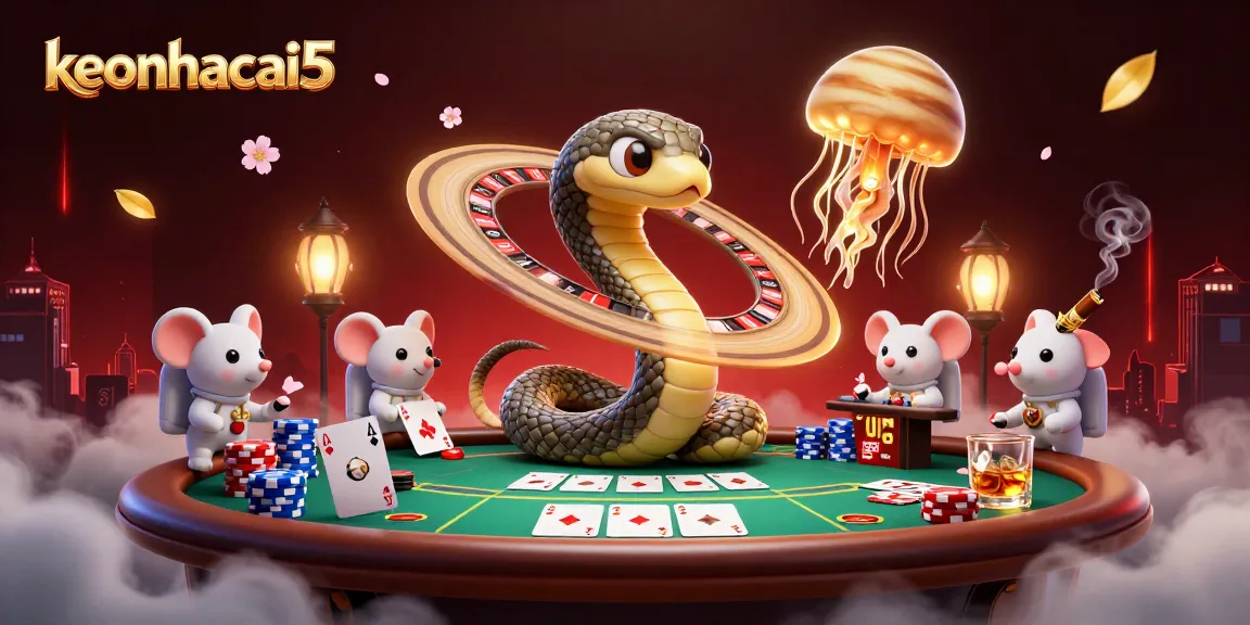 Engage with keonhacai5's vibrant cosmic casino scene featuring betting astronaut mice and a golden jellyfish dealer.