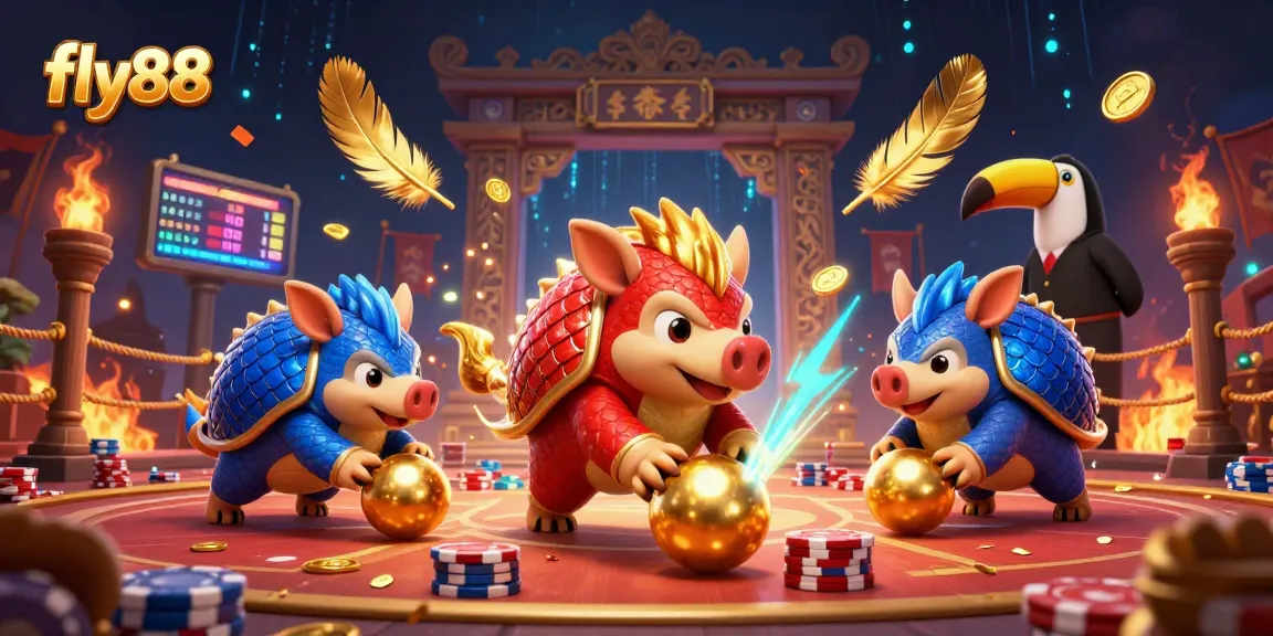 Fly88 showcases rival pangolins in a vibrant casino scene rolling into golden balls and chips.