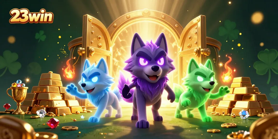 Join the excitement at 23win as glowing wolves guard treasure in a vibrant casino scene.