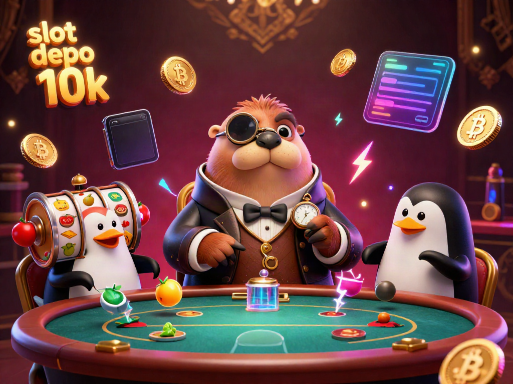 Slot depo 10k menggambarkan walrus dan dealer penguin di meja poker bawah laut penuh slot dan simbol buah.