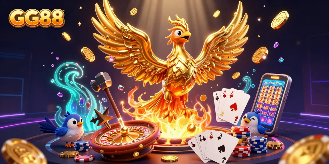 Experience GG88's vibrant world of gaming with golden phoenix and casino elements.
