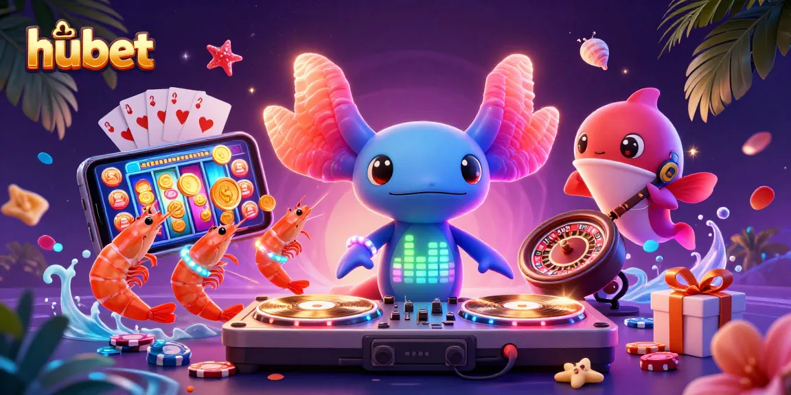 Play exciting games with hubet in a vibrant underwater casino scene featuring a DJ axolotl and dancing shrimp.