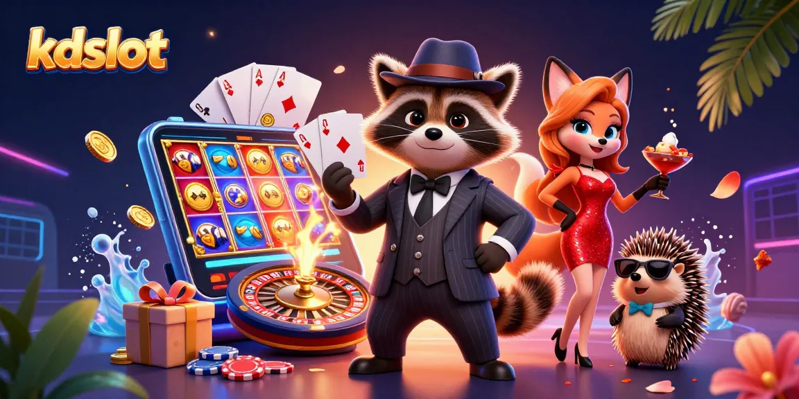 Engage with kdslot's vibrant gaming scene featuring a suave raccoon and charming fox at a casino.