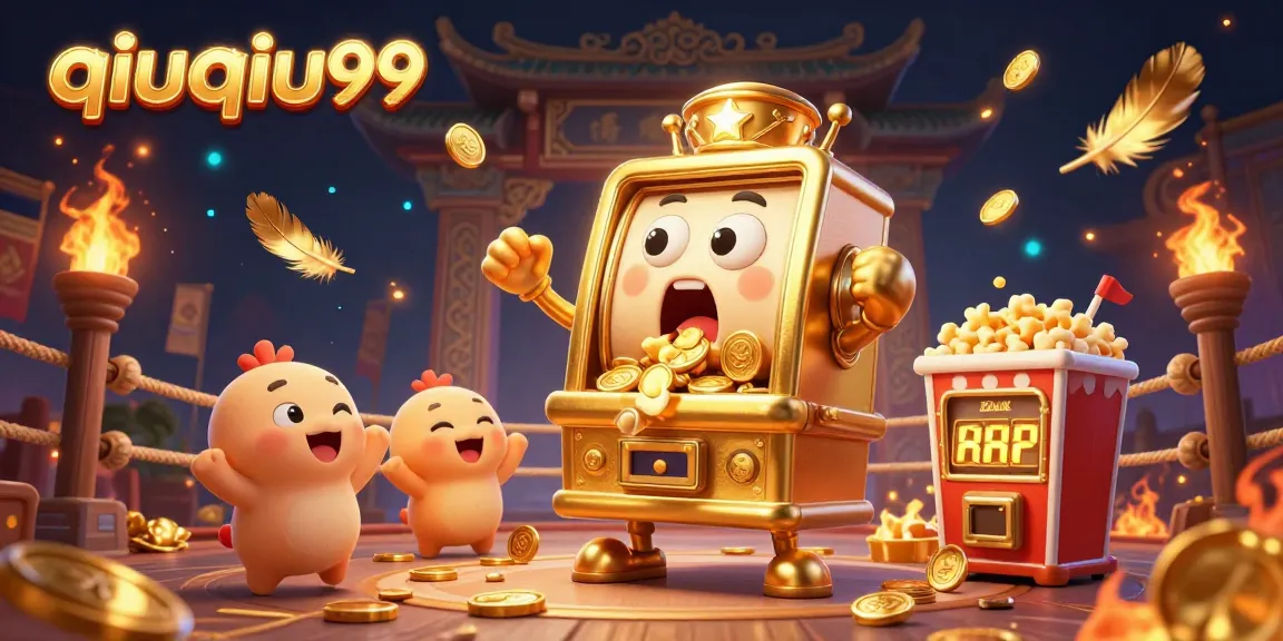 qiuqiu99 features a vibrant scene with a surprised golden slot machine winning, surrounded by cheering baby slots and gold.