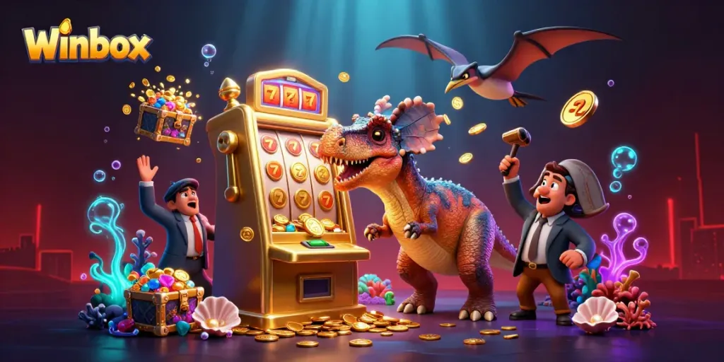 Winbox features a pachycephalosaurus headbutting a slot machine surrounded by jackpots.