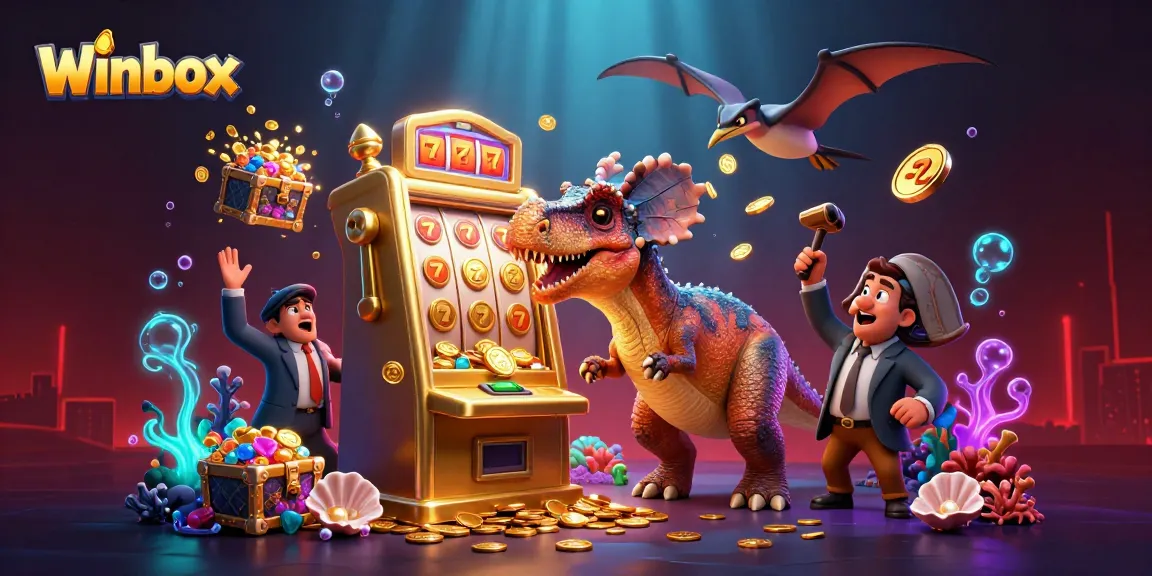 Winbox features a pachycephalosaurus headbutting a slot machine surrounded by jackpots.