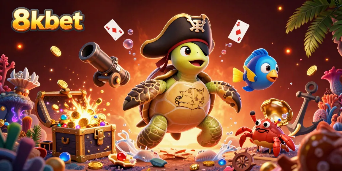 Engage in a thrilling underwater adventure with 8xbet, featuring a pirate turtle, a golden hermit crab, and vibrant treasure.