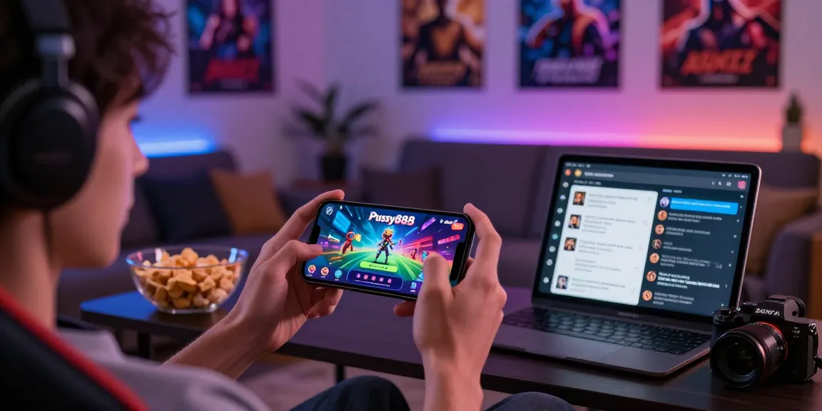 Pussy888 gaming experience in a cozy living room with vibrant smartphone interface and snacks.