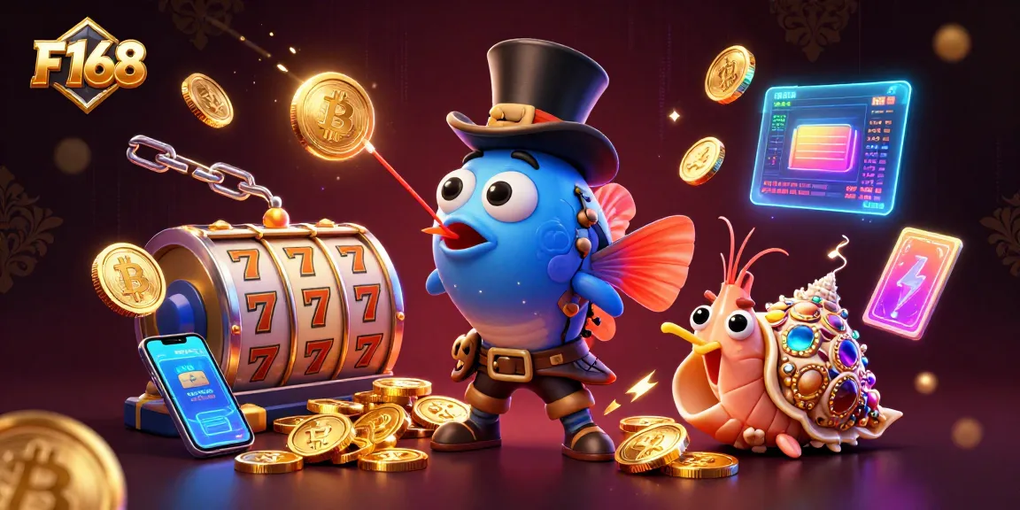 Engage with F168's vibrant gaming adventure featuring slot reels, coins, and underwater treasures.