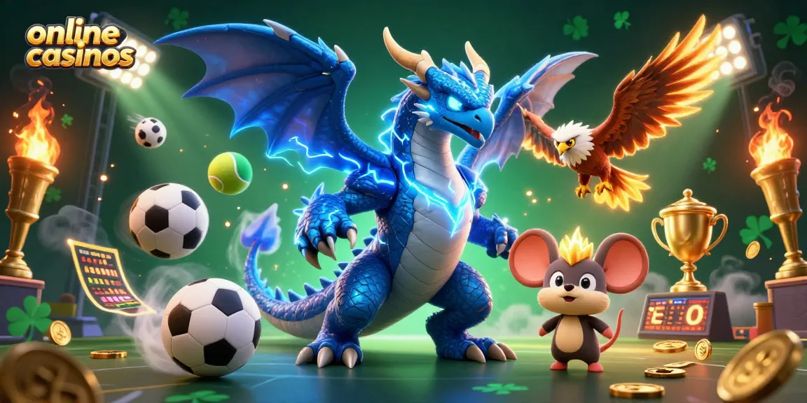 Engage with exciting online casinos featuring cartoon dragon, hawk, and thunder mouse in vibrant gaming scene.