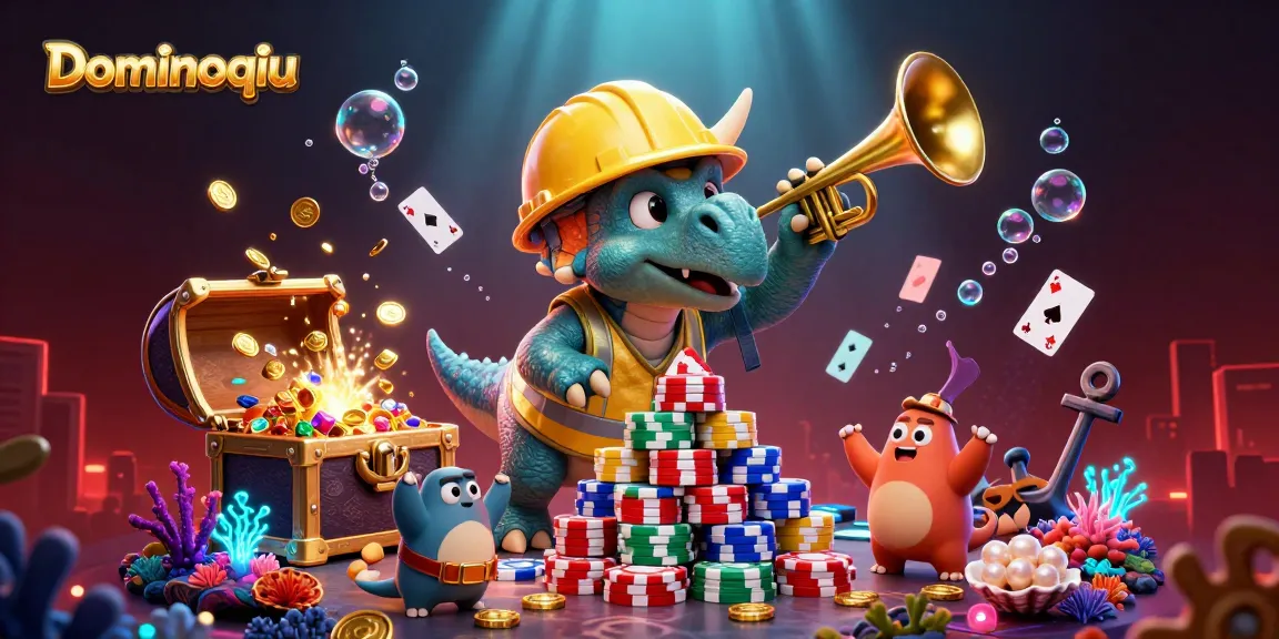 Dominoqiu offers exciting gameplay where a triceratops builds poker chips in a festive underwater scene.
