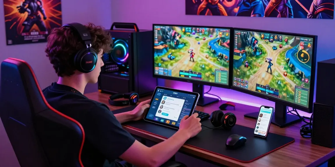 Enjoying the KO66 gaming app on a tablet in a vibrant gaming setup with colorful LED lights.
