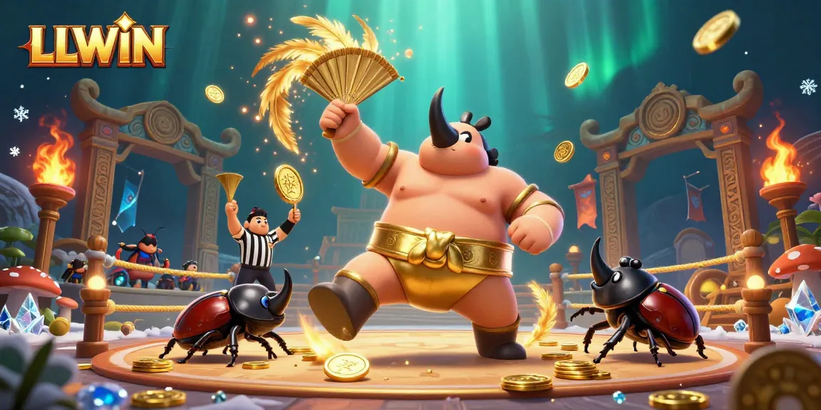 Experience LLWIN's festive gaming with coins flying and beetles cheering in this lively casino arena.