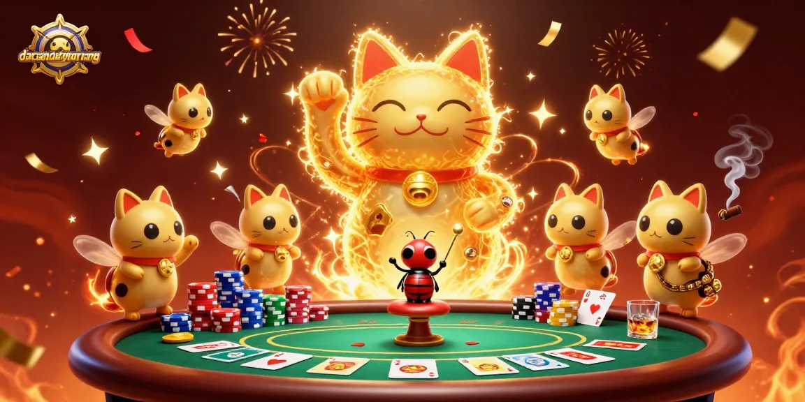 Play exciting games at dacsandatphanrang, featuring a vibrant lucky cat and poker elements. Experience the thrill of gaming!