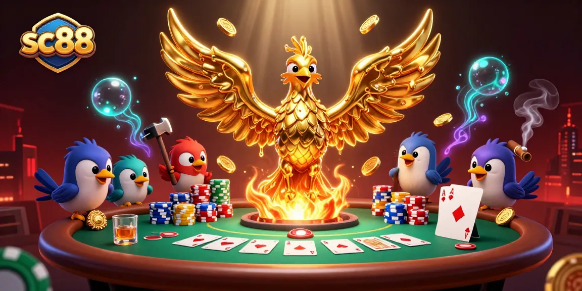 Win at SC88 with a golden phoenix and poker elements in a dynamic casino scene